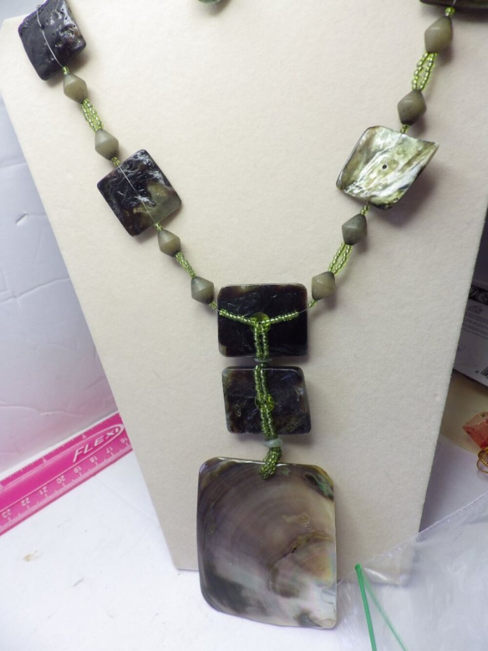 Green dyed Abalone with Green Seed Beads Necklace 28"